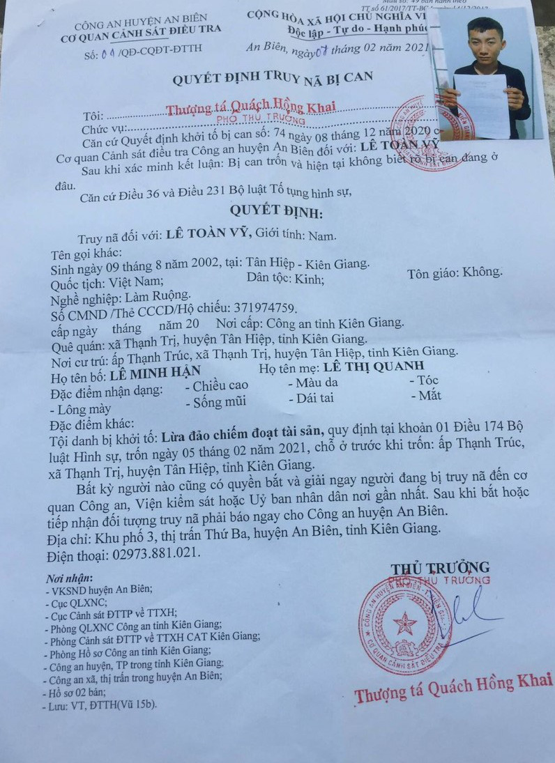 C&ocirc;ng an ở Ki&ecirc;n Giang truy n&atilde; L&ecirc; To&agrave;n Vỹ - Ảnh 2.