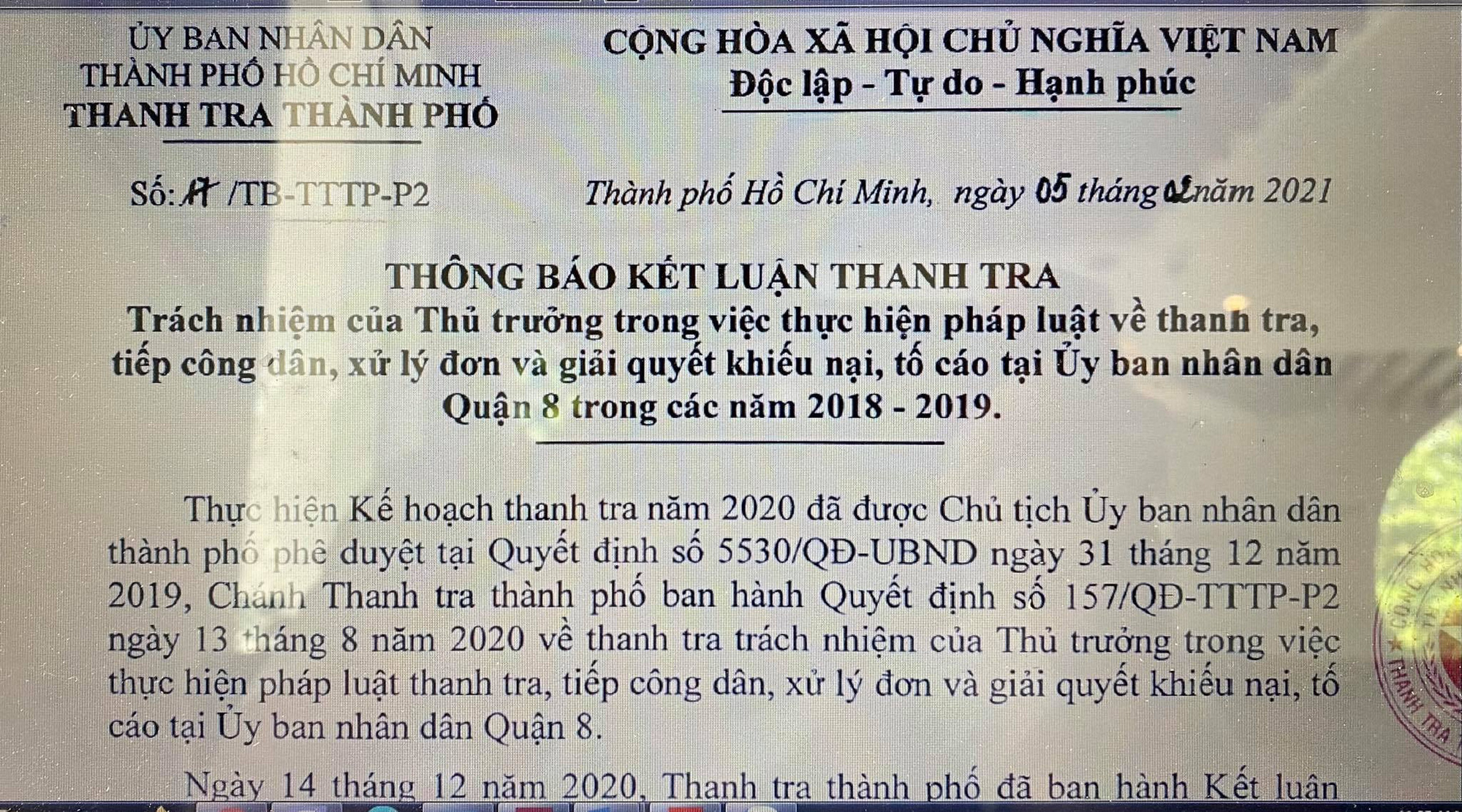 Thông báo kết luận thanh tra liên quan Phòng Quản lý đô thị quận 8, TP HCM