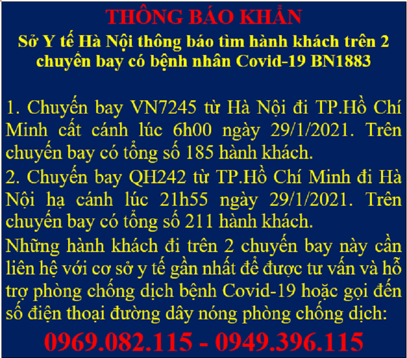 KHẨN: Tìm gần 400 khách đi cùng 2 chuyến bay với bệnh nhân 1883 từ Hà Nội đi TP HCM và ngược lại