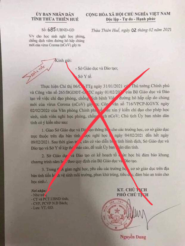 Thực hư văn bản cho học sinh Huế nghỉ học để phòng chống dịch Covid-19