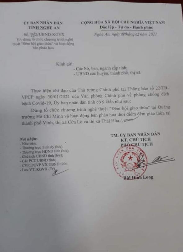 Nghệ An hỏa tốc dừng bắn ph&aacute;o hoa đ&ecirc;m giao thừa v&igrave; Covid-19 diễn biến phức tạp - Ảnh 1.