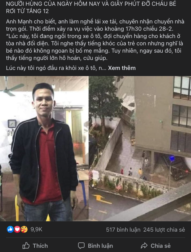 Tr&agrave;n ngập lời khen tặng người h&ugrave;ng đỡ b&eacute; g&aacute;i 3 tuổi rơi từ tầng 12A chung cư - Ảnh 1.
