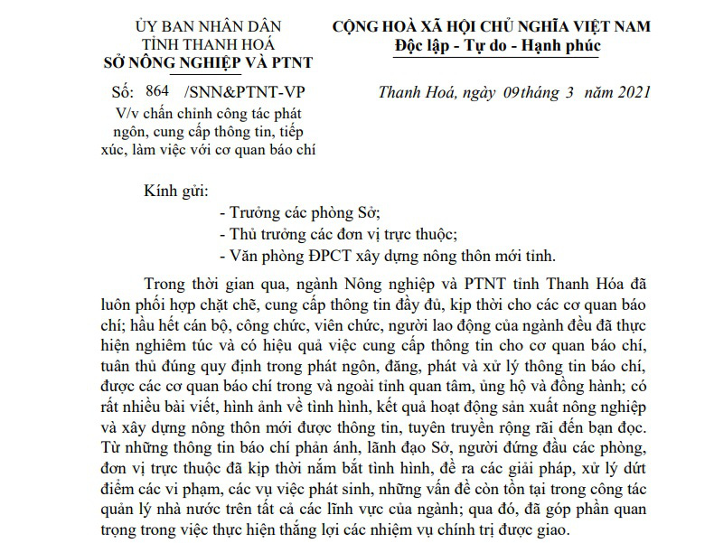 Sau phát ngôn sốc của Chi cục trưởng Thủy lợi, Giám đốc Sở NN-PTNT Thanh Hóa ra văn bản chấn chỉnh - Ảnh 1.