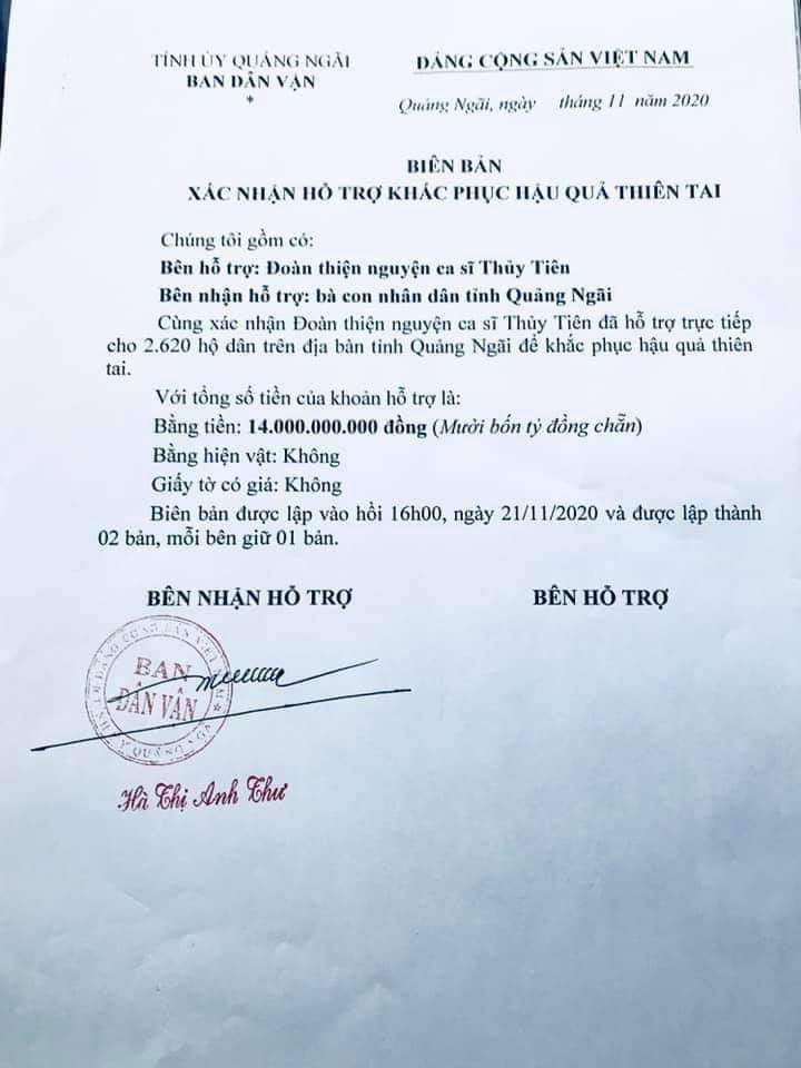 Tỉnh Quảng Ng&atilde;i l&ecirc;n tiếng về 14 tỉ đồng ca sĩ Thủy Ti&ecirc;n tặng người d&acirc;n - Ảnh 2.