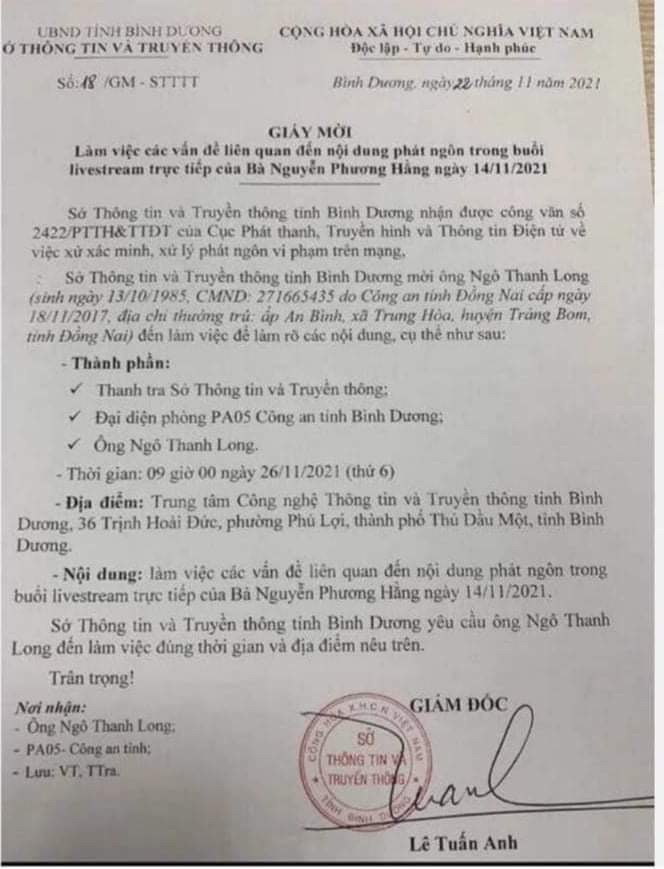 B&igrave;nh Dương mời Long Ng&ocirc; l&agrave;m việc, li&ecirc;n quan livestream của b&agrave; Nguyễn Phương Hằng - Ảnh 1.