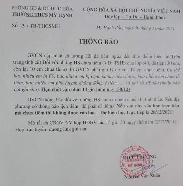 Thu hồi ngay th&ocirc;ng b&aacute;o học sinh chưa ti&ecirc;m vắc-xin th&igrave; kh&ocirc;ng được v&agrave;o học trực tiếp - Ảnh 1.
