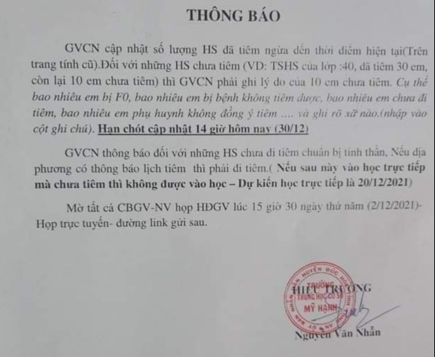 Thu hồi ngay thông báo học sinh chưa tiêm vắc-xin thì không được vào học trực tiếp