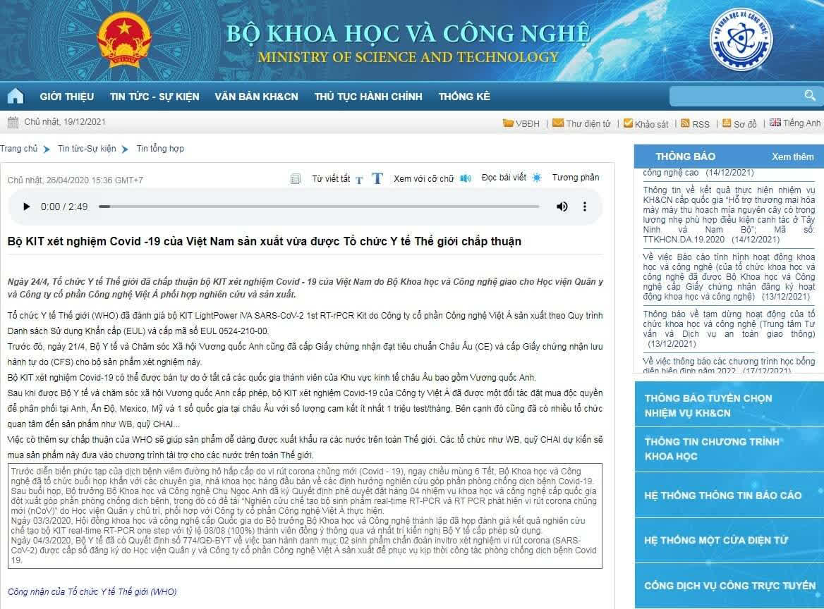 Bộ KH-CN nhận sai sót khi đưa tin "WHO chấp thuận kit test của Công ty Việt Á"