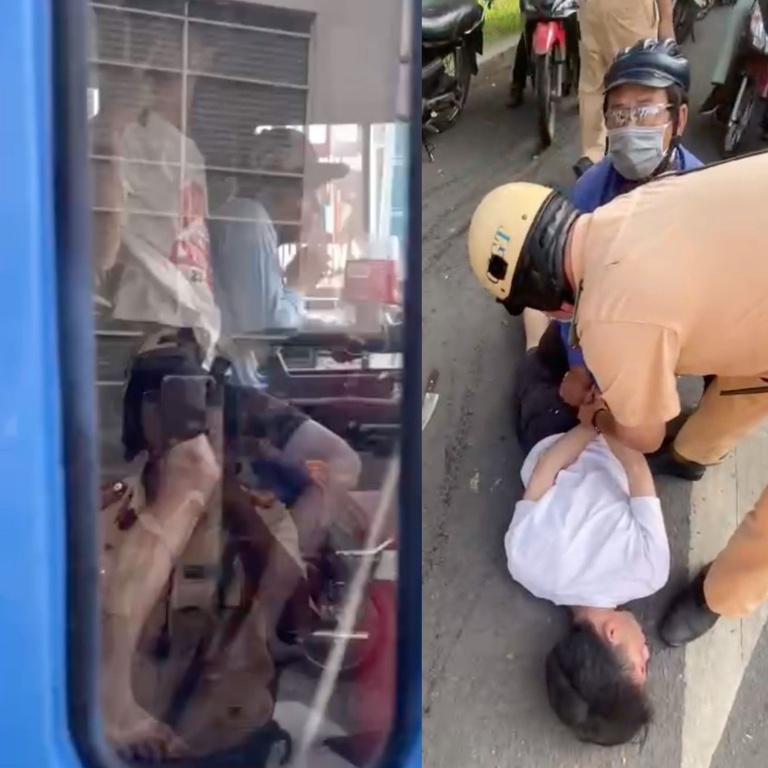 CSGT TP HCM d&ugrave;ng s&uacute;ng khống chế nam thanh ni&ecirc;n g&iacute; dao v&agrave;o cổ t&agrave;i xế xe bu&yacute;t - Ảnh 3.
