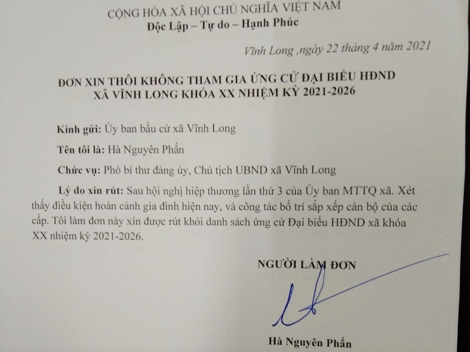 Chủ tịch xã vừa bị kỷ luật cảnh cáo xin rút khỏi danh sách bầu đại biểu HĐND xã
