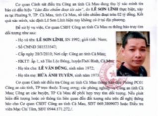Truy tìm đối tượng bị tố lừa đảo tên Lê Sơn Lĩnh