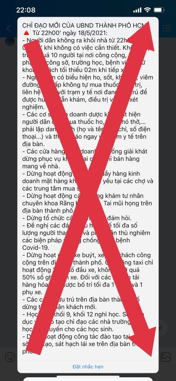 Thông tin lan truyền trên mạng về "Chỉ đạo mới của UBND TP HCM từ 22 giờ ngày 18-5-2021" là giả mạo