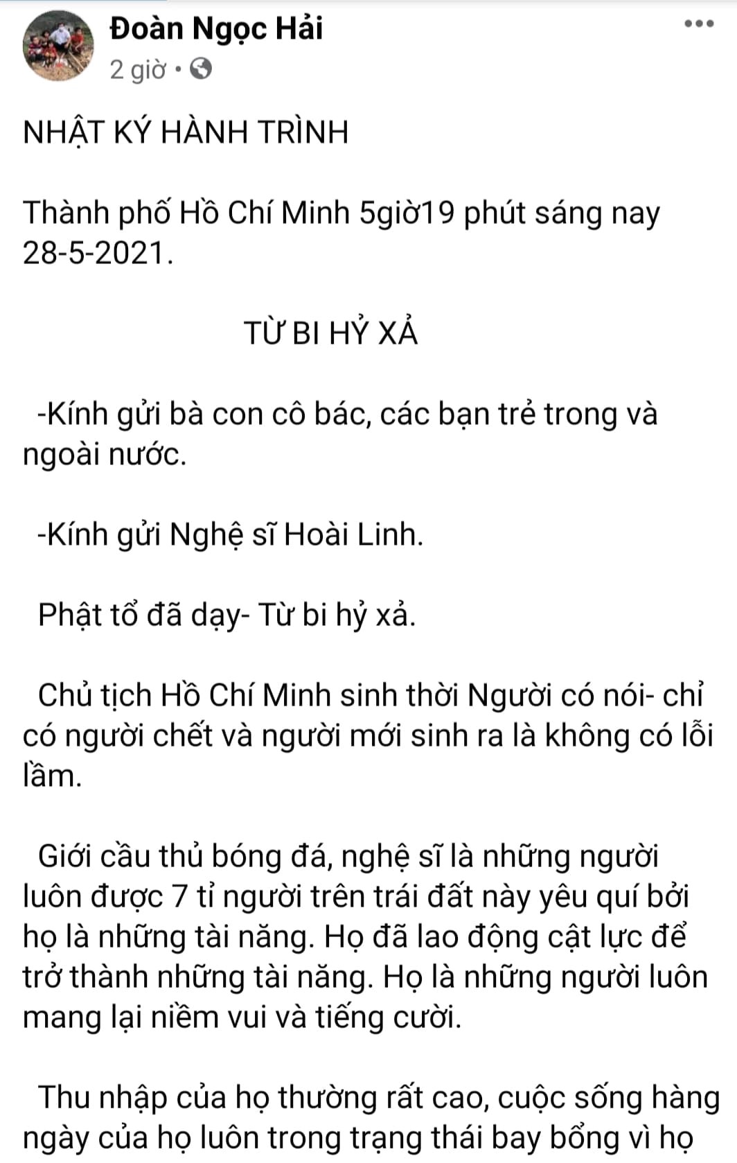 Ông Đoàn Ngọc Hải viết tâm thư gửi nghệ sĩ Hoài Linh