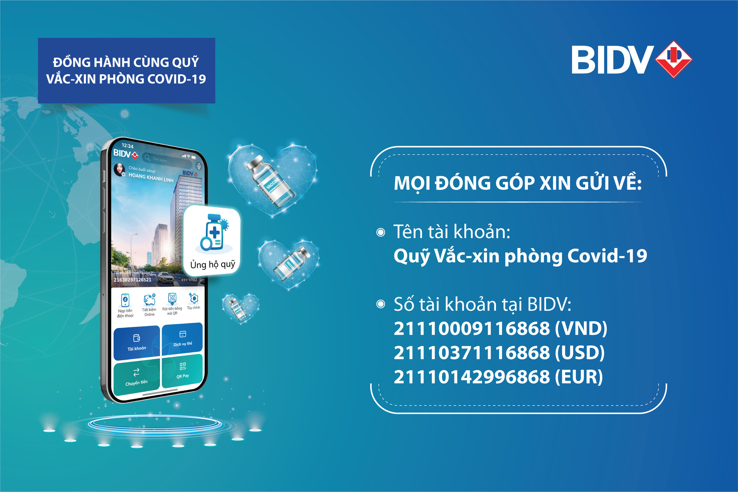 BIDV được chấp thuận là ngân hàng tiếp nhận ủng hộ Quỹ Vắc-xin phòng Covid-19