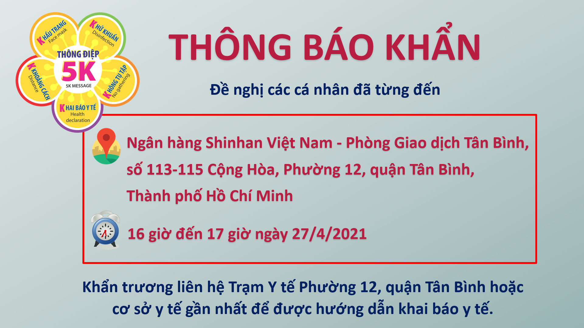 TP HCM th&ocirc;ng b&aacute;o khẩn: T&igrave;m người từng đến Ng&acirc;n h&agrave;ng Shinhan - T&acirc;n B&igrave;nh - Ảnh 1.
