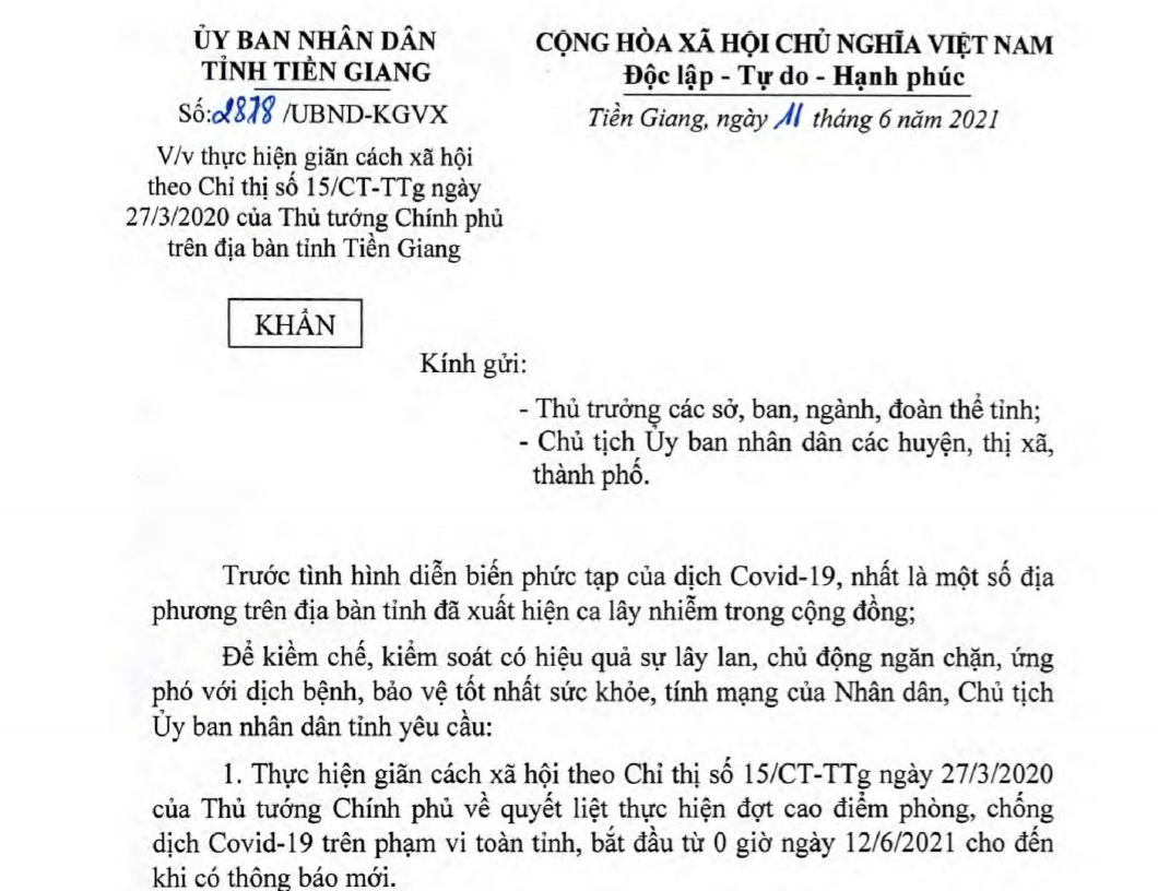 Tiền Giang giãn cách xã hội từ 0 giờ ngày 12-6 theo Chỉ thị 15