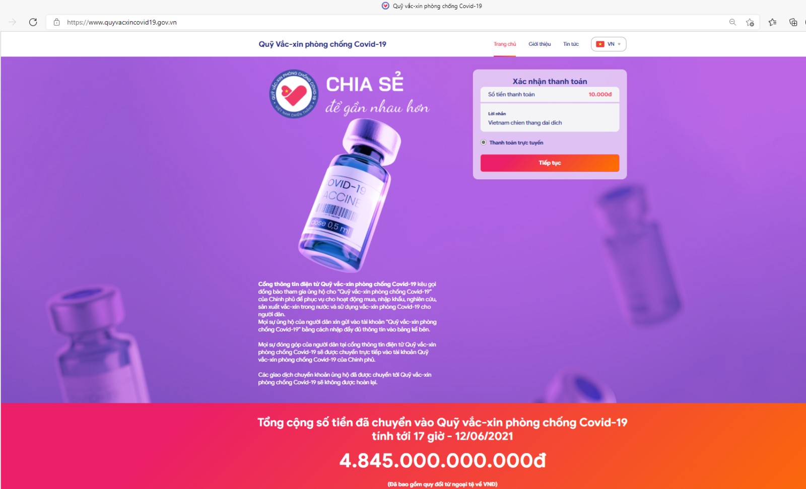 Ủng hộ Quỹ vắc-xin phòng Covid-19 trực tuyến dễ dàng qua website chính thức