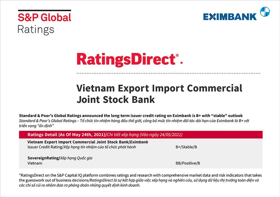 S&P Global Ratings giữ nguyên mức tín nhiệm đối tác dài hạn của Eximbank