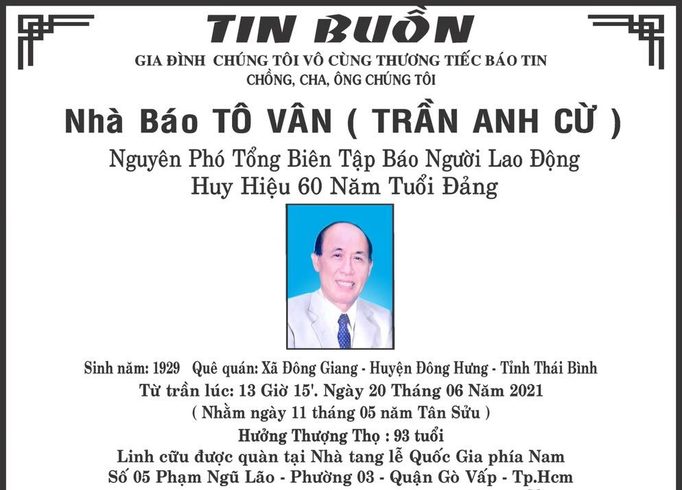 Báo Người Lao Động chia buồn cùng gia đình nhà báo Tô Vân