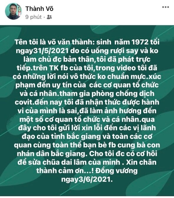 Uống rượu say livestream xúc phạm lực lượng chống dịch, bị phạt 7,5 triệu đồng - Ảnh 1.