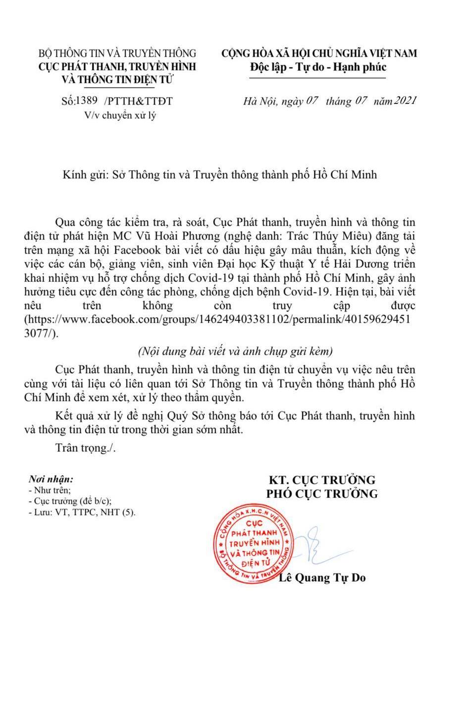 Đề nghị Sở Th&ocirc;ng tin v&agrave; Truyền th&ocirc;ng TP HCM xử l&yacute; MC Tr&aacute;c Thu&yacute; Mi&ecirc;u - Ảnh 2.