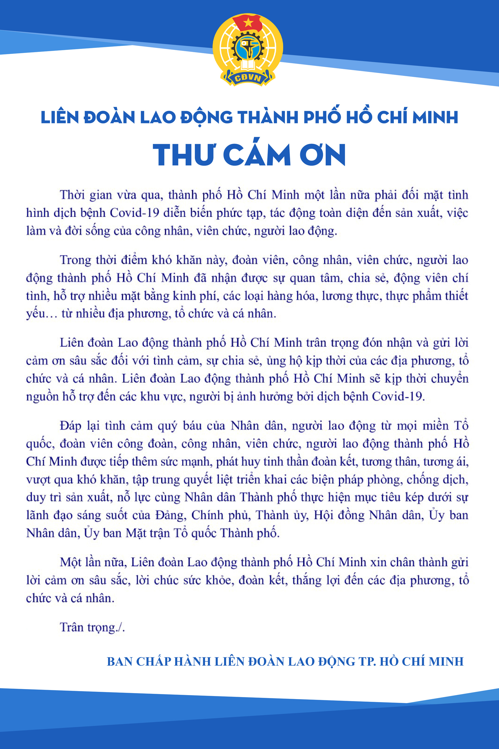 Thư cảm ơn c&aacute;c địa phương, tổ chức v&agrave; c&aacute; nh&acirc;n đ&atilde; hỗ trợ đo&agrave;n vi&ecirc;n, c&ocirc;ng nh&acirc;n, vi&ecirc;n chức, người lao động Th&agrave;nh phố Hồ Ch&iacute; Minh - Ảnh 1.