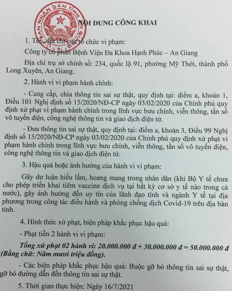 Bệnh viện quảng c&aacute;o ti&ecirc;m dịch vụ vắc-xin ngừa Covid-19 bị phạt 50 triệu đồng - Ảnh 1.