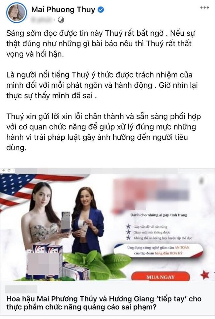 Mai Phương Th&uacute;y xin lỗi v&igrave; quảng c&aacute;o thực phẩm chức năng bị &ldquo;tu&yacute;t c&ograve;i&rdquo; - Ảnh 1.