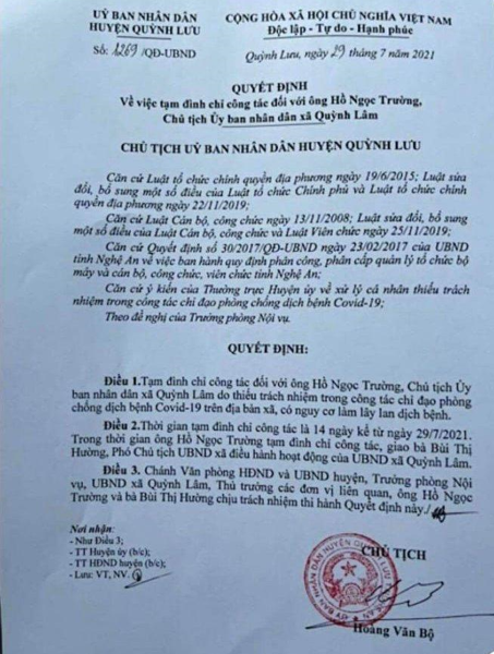 Cho F1 đang cách ly về nhà thăm vợ đẻ, Chủ tịch UBND xã bị đình chỉ công tác
