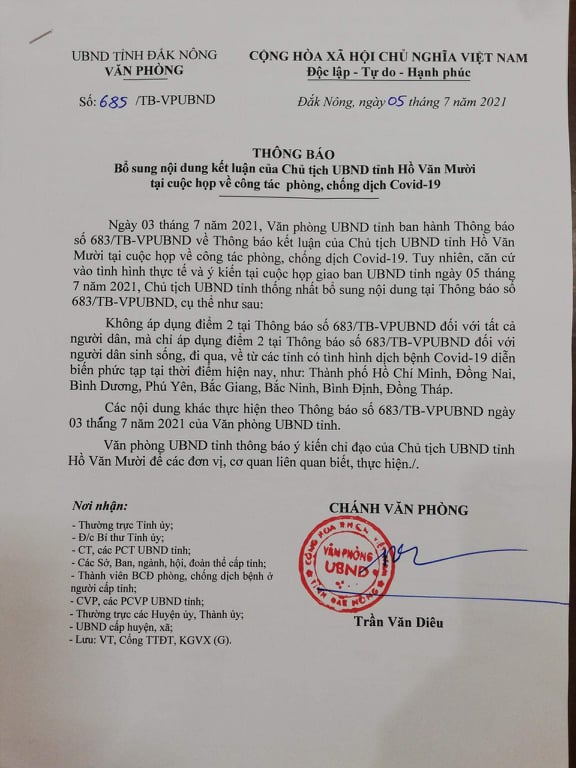 Điều chỉnh văn bản người dân đi - đến Đắk Nông phải có xét nghiệm âm tính Covid-19