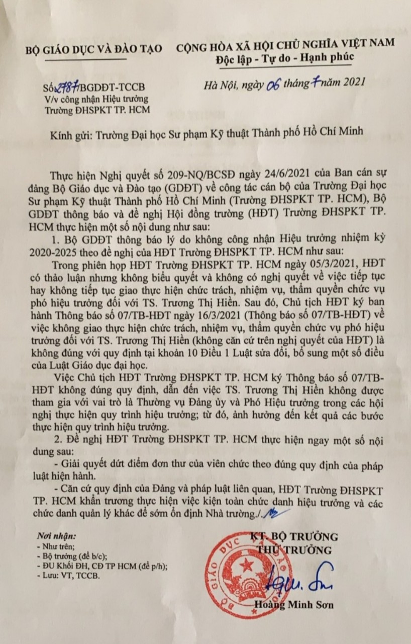 Kh&ocirc;ng c&ocirc;ng nhận Hiệu trưởng Trường ĐH Sư phạm kỹ thuật TP HCM - Ảnh 1.