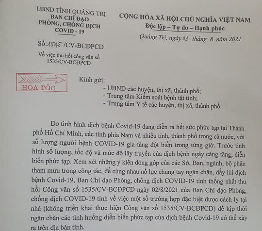 Quá nhiều trường hợp đặc biệt xin về nhà cách ly, Quảng Trị hỏa tốc thu hồi công văn - Ảnh 1.