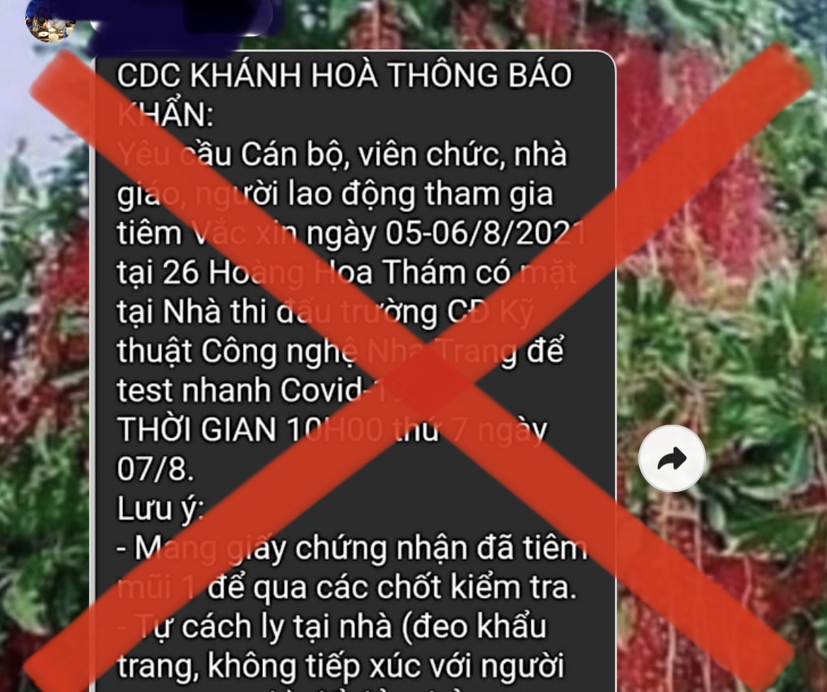 Khánh Hòa: Giả thông báo khẩn của CDC về một tình nguyện viên dương tính SARS-CoV-2