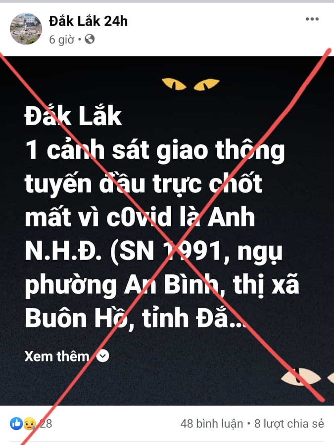 Truy tìm chủ tài khoản "Đắk Lắk 24h" đăng thông tin thất thiệt "1 CSGT tử vong vì Covid-19"