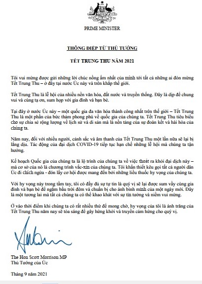 Thông điệp tiếng Việt của Thủ tướng Úc Scott Morrison về Tết Trung thu - Ảnh 1.