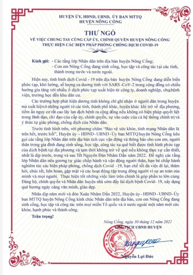 Th&ecirc;m 1 huyện ở Thanh H&oacute;a ra thư ngỏ khuyến c&aacute;o người d&acirc;n kh&ocirc;ng về qu&ecirc; dịp Tết - Ảnh 1.
