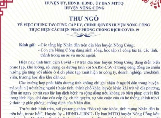 Thêm 1 huyện ở Thanh Hóa ra thư ngỏ khuyến cáo người dân không về quê dịp Tết
