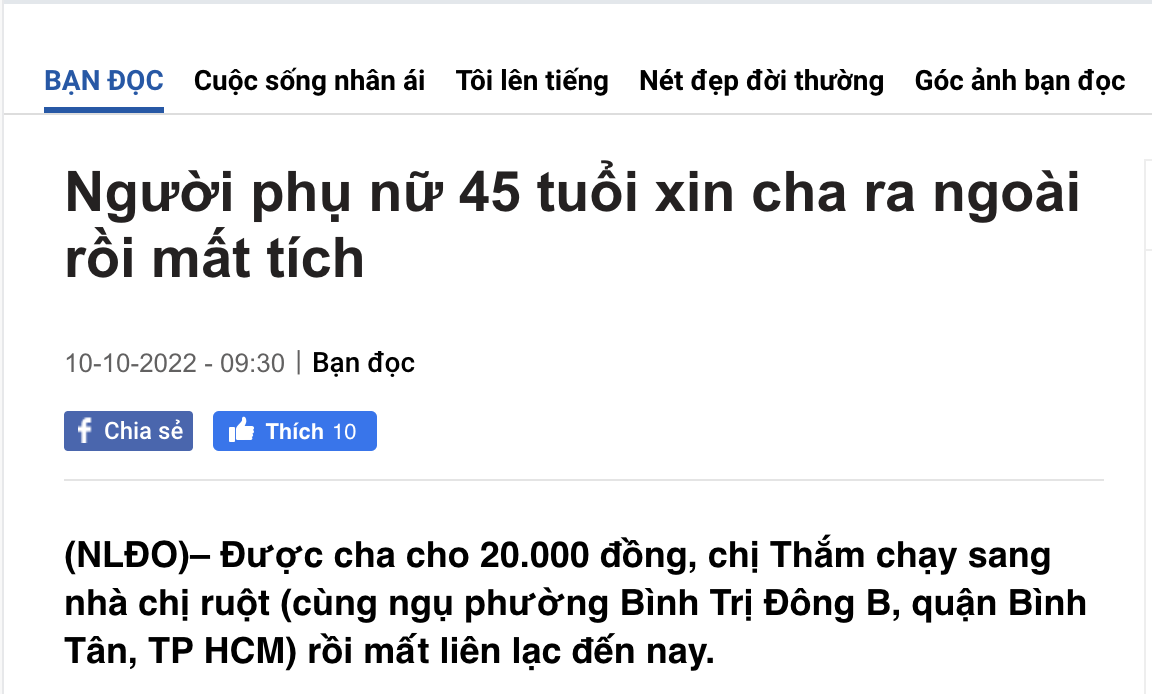 Tìm được người phụ nữ 45 tuổi sau khi Báo Người Lao Động đưa tin