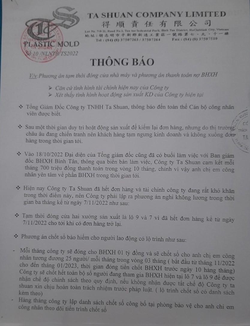 Công ty TNHH Tashuan cam kết giải quyết dứt điểm nợ BHXH - Ảnh 1.