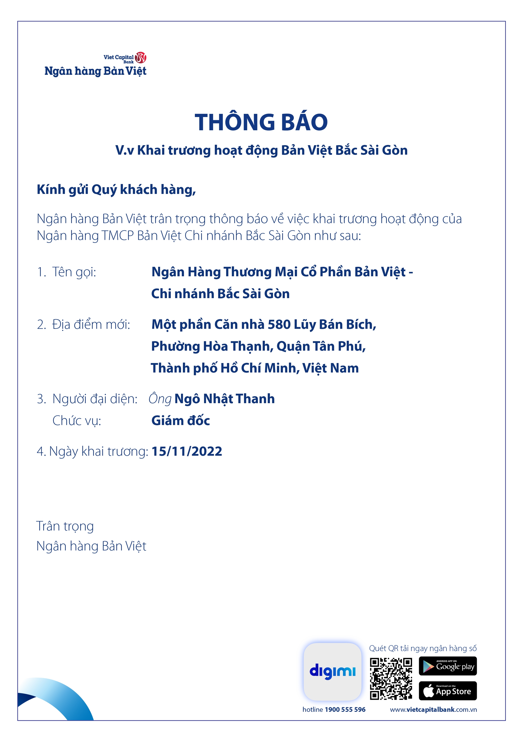 Th&ocirc;ng b&aacute;o khai trương hoạt động Ng&acirc;n h&agrave;ng Bản Việt - Chi nh&aacute;nh Bắc S&agrave;i G&ograve;n - Ảnh 1.
