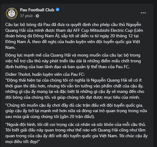 Quang Hải được Pau FC cho ph&eacute;p thi đấu AFF Cup 2022 - Ảnh 1.