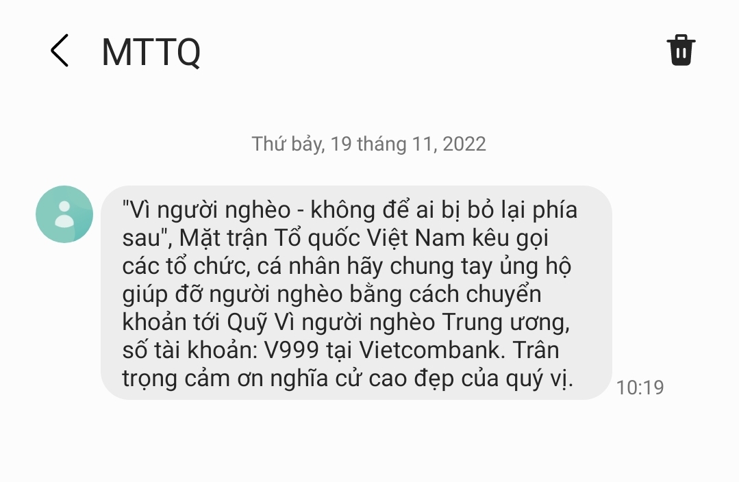 Tin nhắn "Vì người nghèo - không để ai bị bỏ lại phía sau" để ủng hộ người nghèo là chính thống