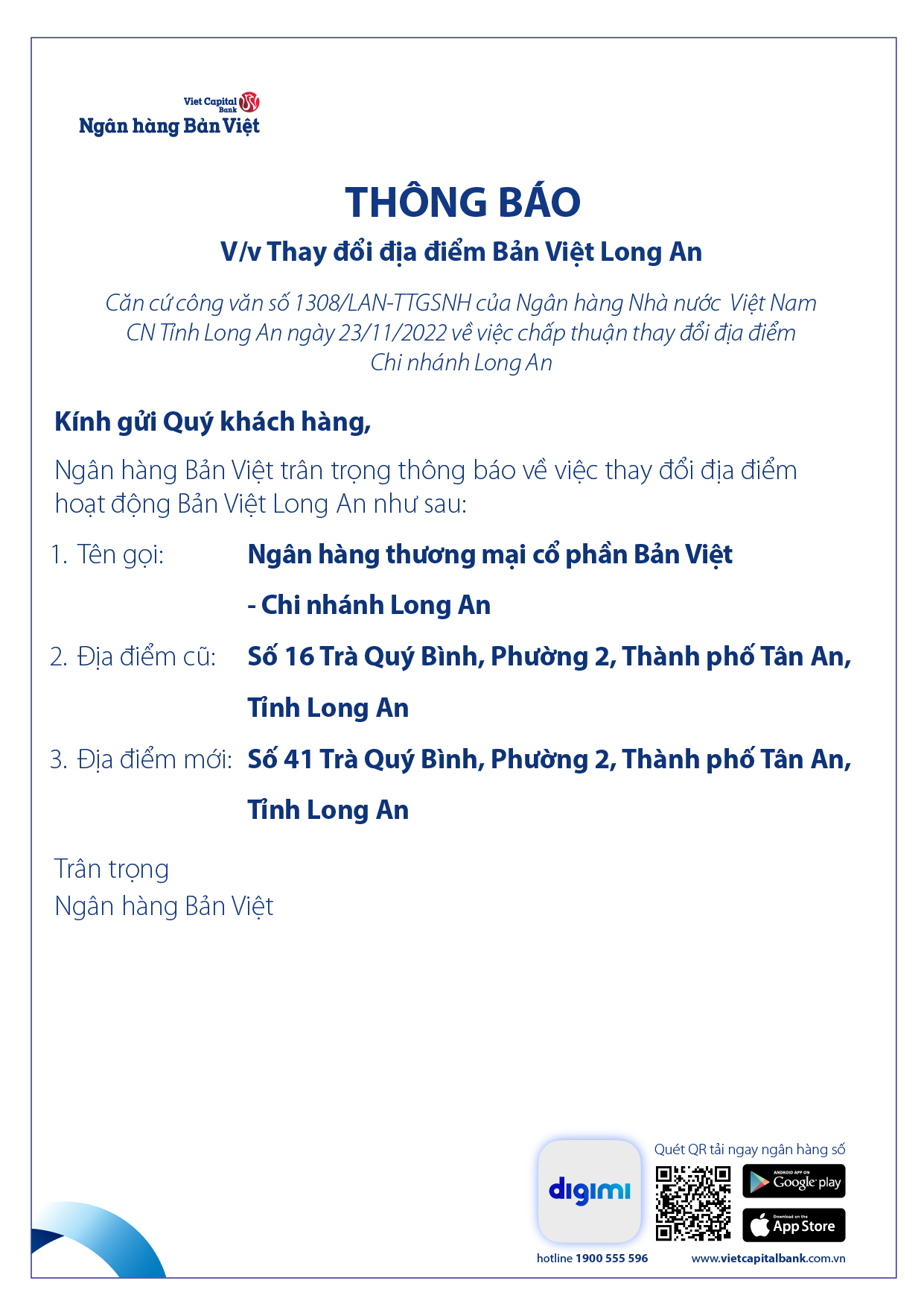 Th&ocirc;ng b&aacute;o thay đổi địa điểm hoạt động Bản Việt Long An - Ảnh 1.
