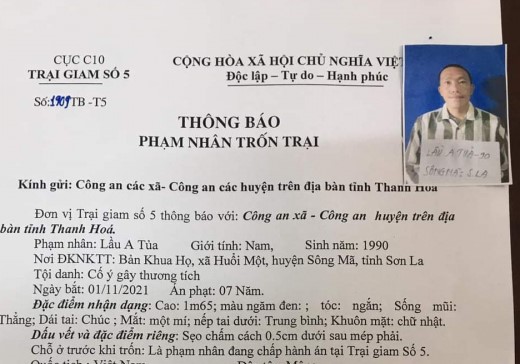 Một phạm nhân trốn trại giam của Bộ Công an