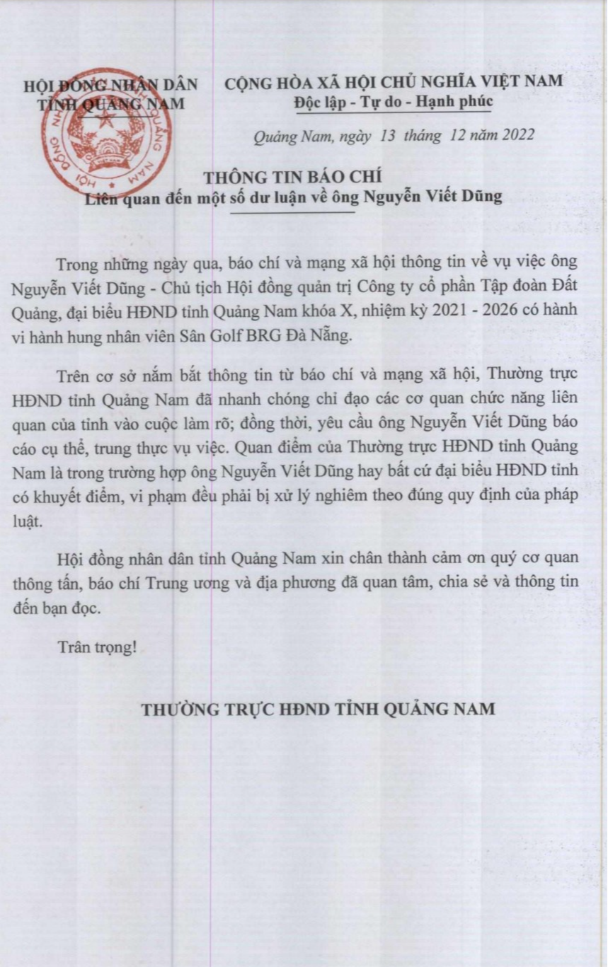 HĐND tỉnh Quảng Nam th&ocirc;ng tin vụ đại biểu đ&aacute;nh nữ nh&acirc;n vi&ecirc;n s&acirc;n golf, kh&ocirc;ng họp b&aacute;o - Ảnh 2.