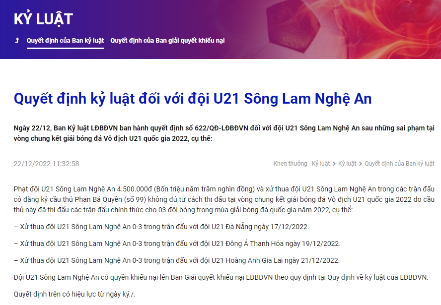 VCK U21 quốc gia 2022: Chủ nh&agrave; S&ocirc;ng Lam Nghệ An bất ngờ bị loại v&igrave; gian lận - Ảnh 1.