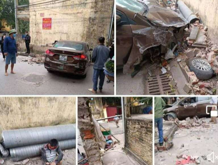 Tài xế nghi say xỉn tông 2 vợ chồng đi xe máy trọng thương, lao lên vỉa hè tông sập tường