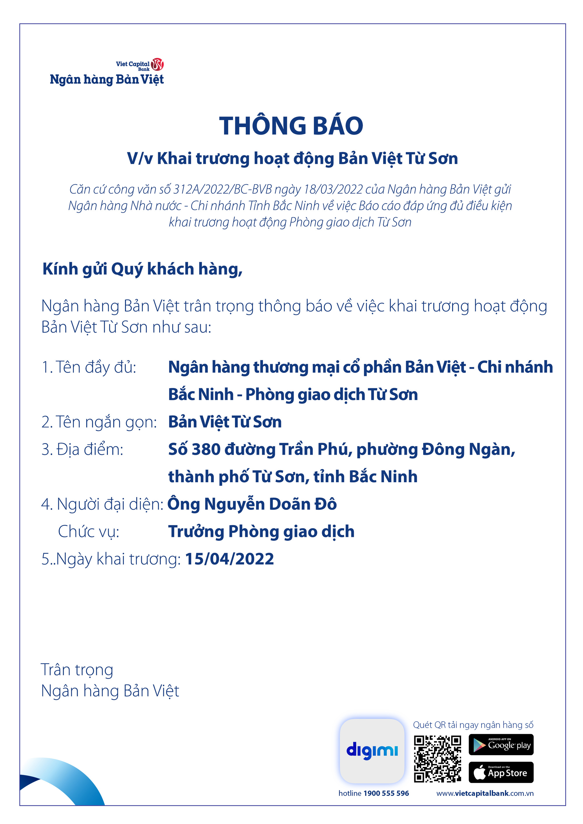 Thông báo khai trương hoạt động Bản Việt Từ Sơn - Ảnh 1.
