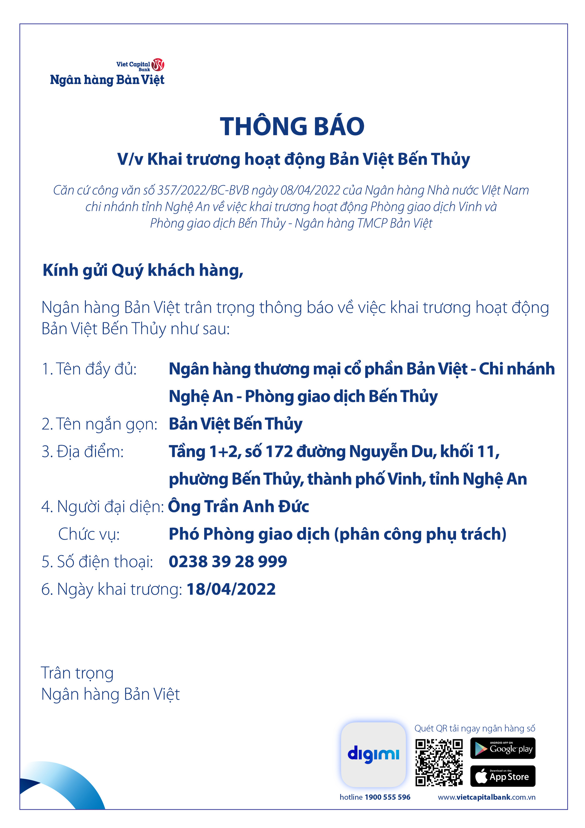 Thông báo khai trương hoạt động Bản Việt Bến Thủy - Ảnh 1.