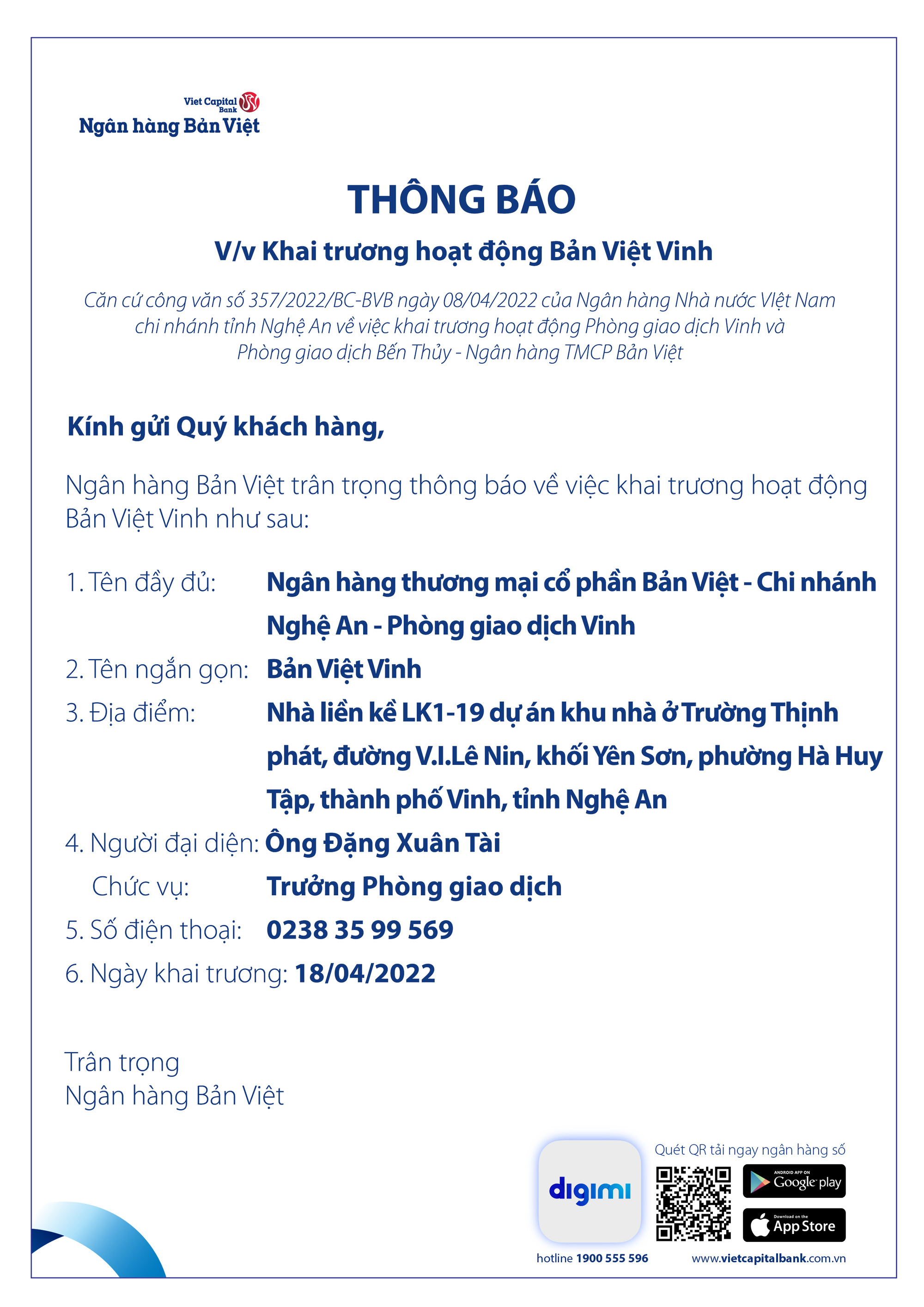 Th&ocirc;ng b&aacute;o khai trương hoạt động Bản Việt Vinh - Ảnh 1.